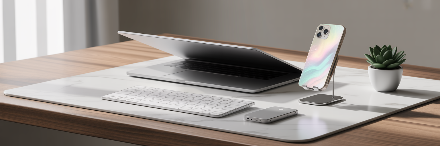 Cohesive minimalist desk with Mother of Pearl phone case.