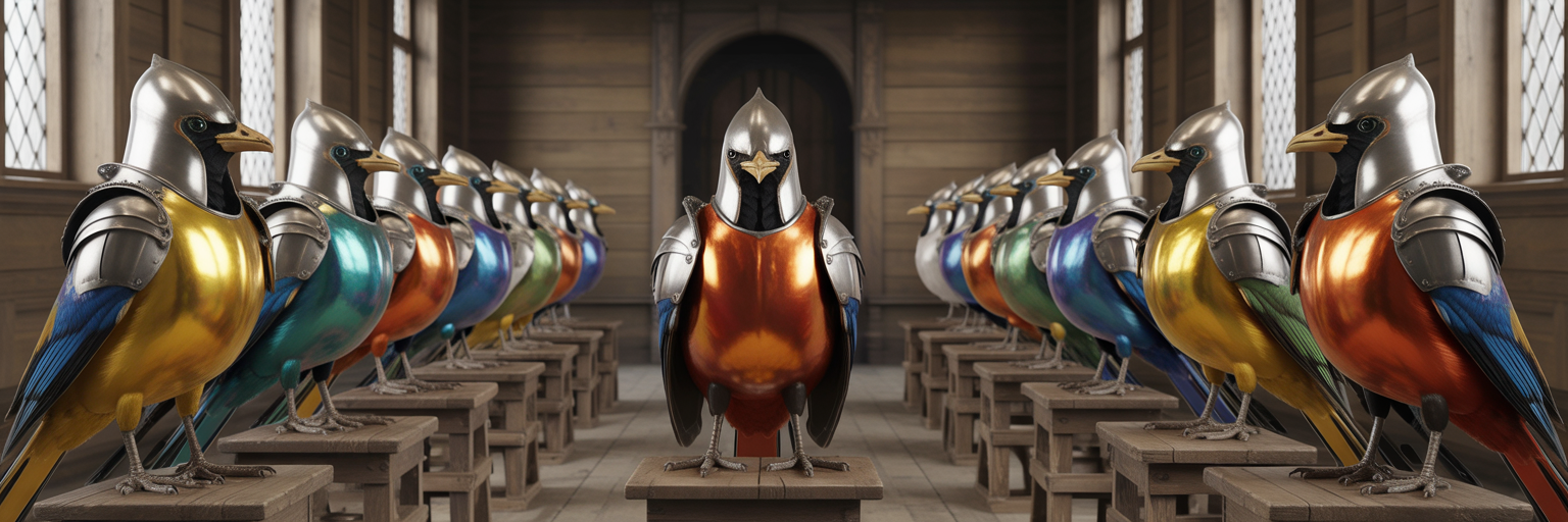 Colorful bird-themed armor in an armory.
