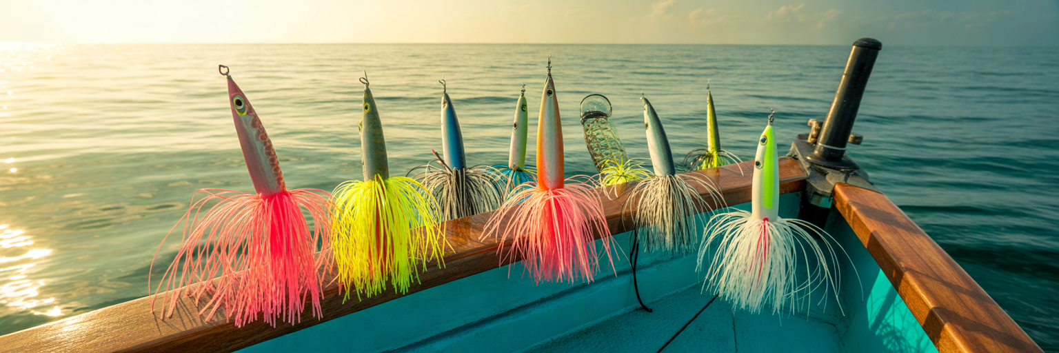 Colorful skirted trolling lures for mahi
