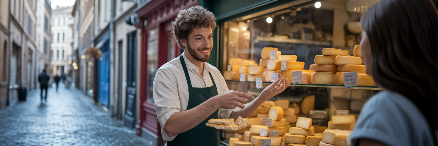 Commerçant proposant un fromage personnalisé à un client.
