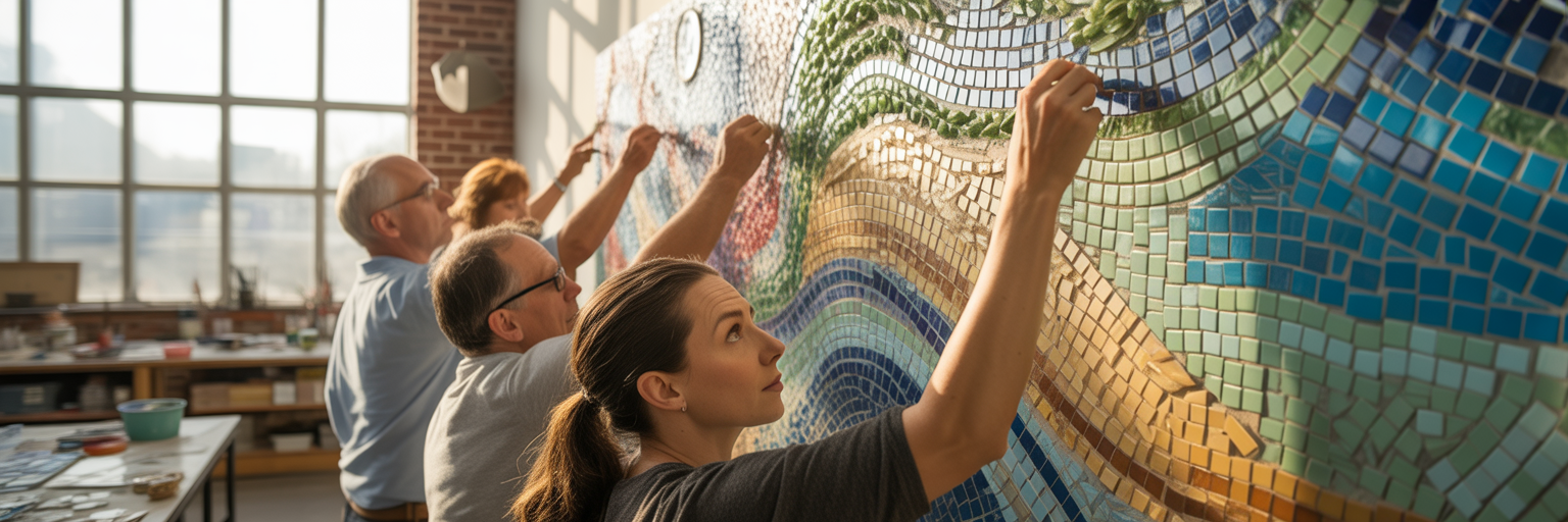 Community collaborating on a mosaic.