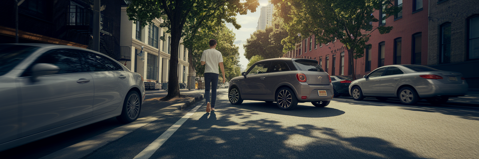 Compact car perfectly parallel parked on sunny street.