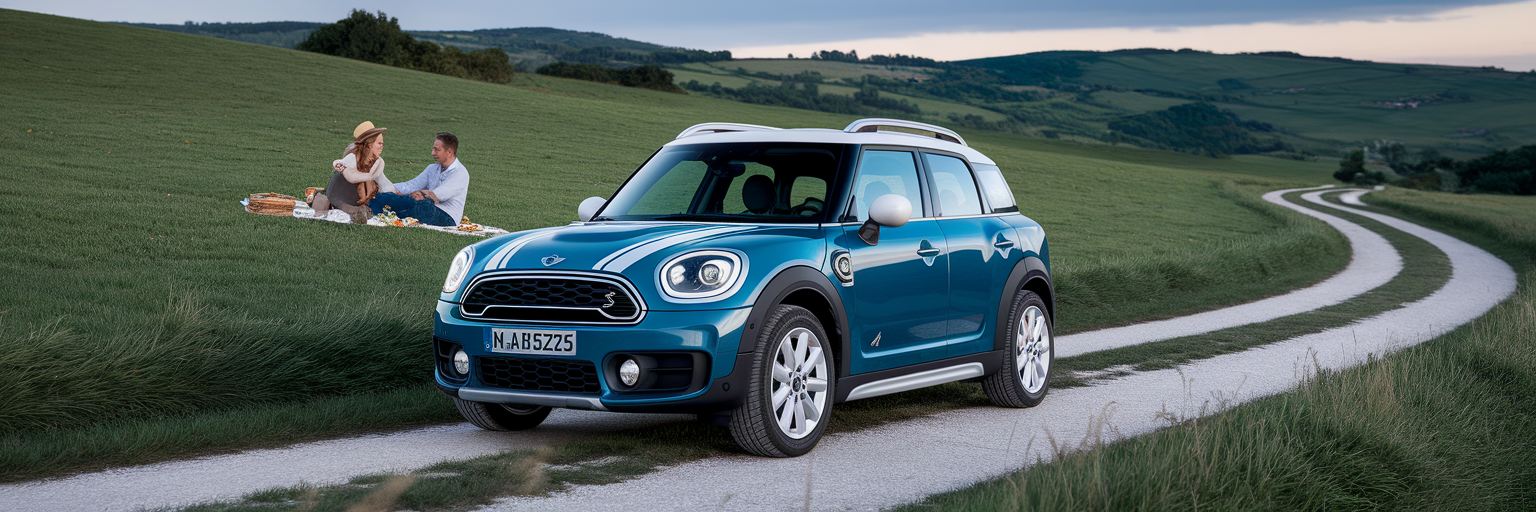 Compact crossover on a gravel road in countryside.