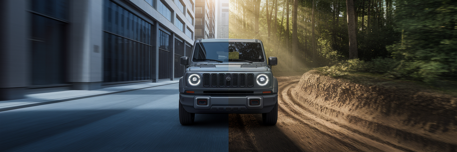 Compact SUV driving in city and on trail.