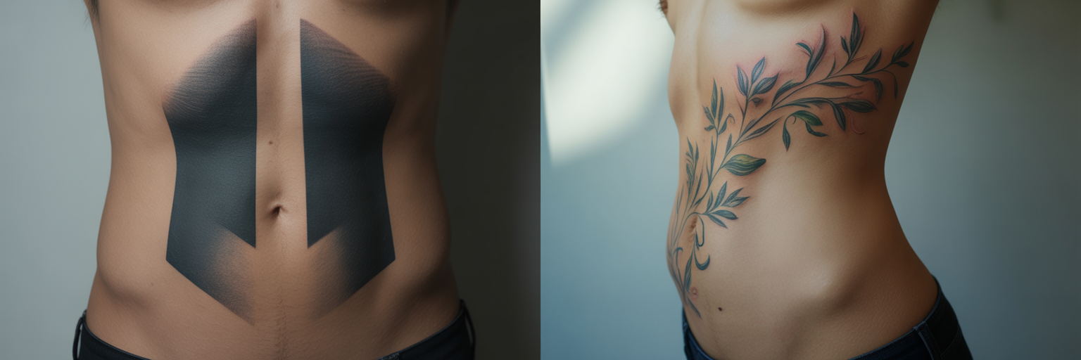 Comparison of aged geometric and floral stomach tattoos.