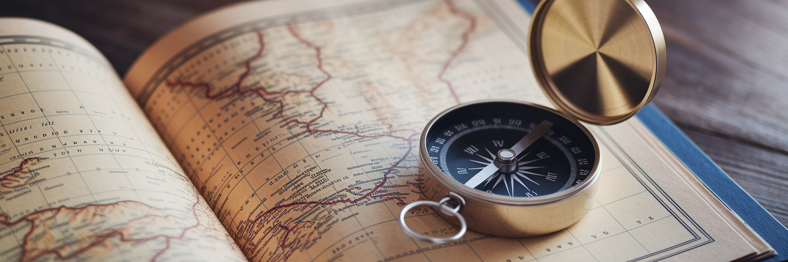 Compass pointing on an old map.