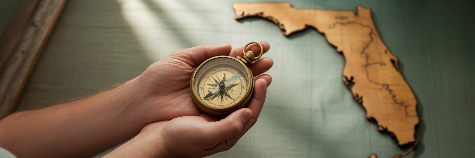 Compass providing direction on Florida map