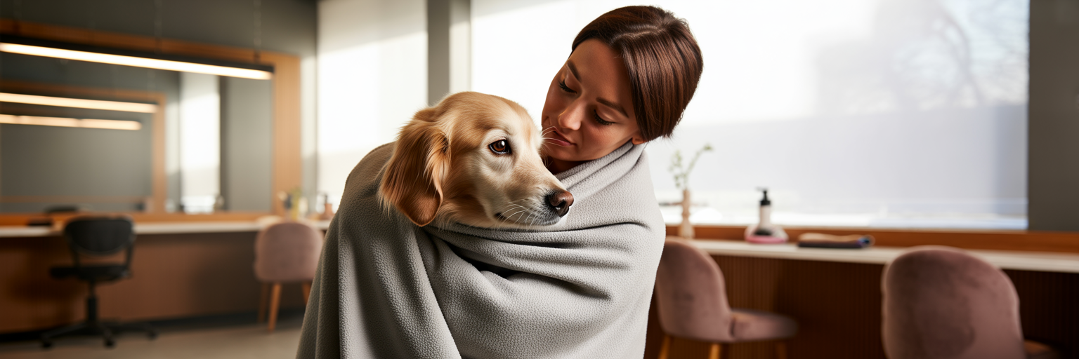 Compassionate dog groomer consulting with owner.