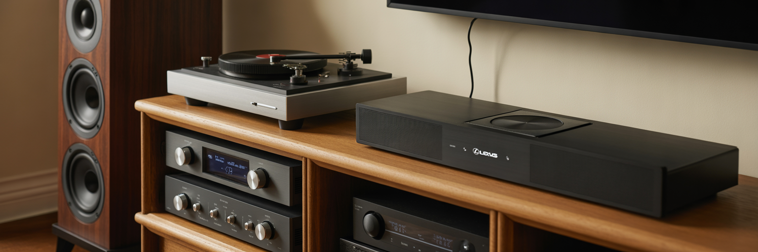 Complex audio system versus minimalist soundbar.