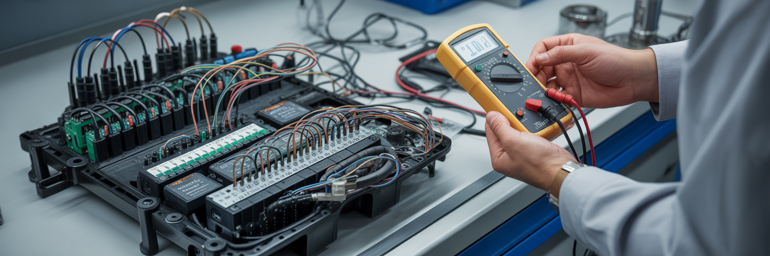 Complex automotive wiring harness on board.