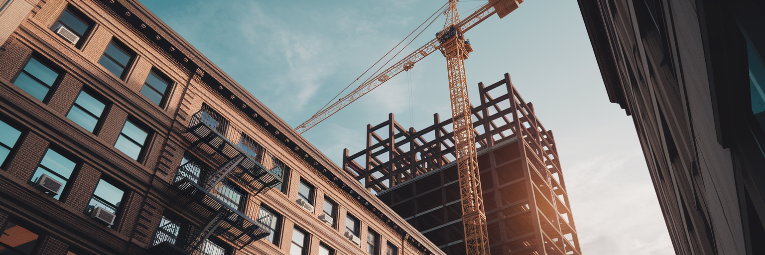 Construction crane towering over urban apartment building.