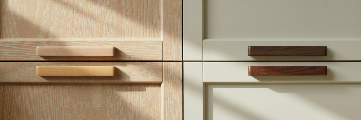 Contrasting walnut pull vs matching beech handle.