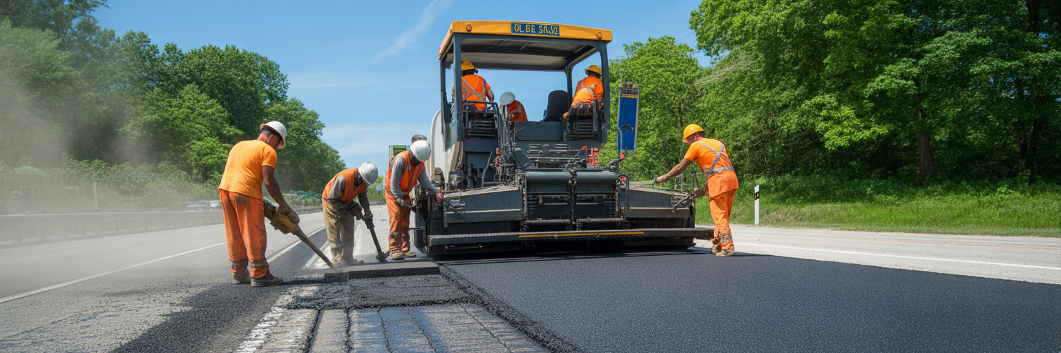 Coordinated team repairing a road surface.