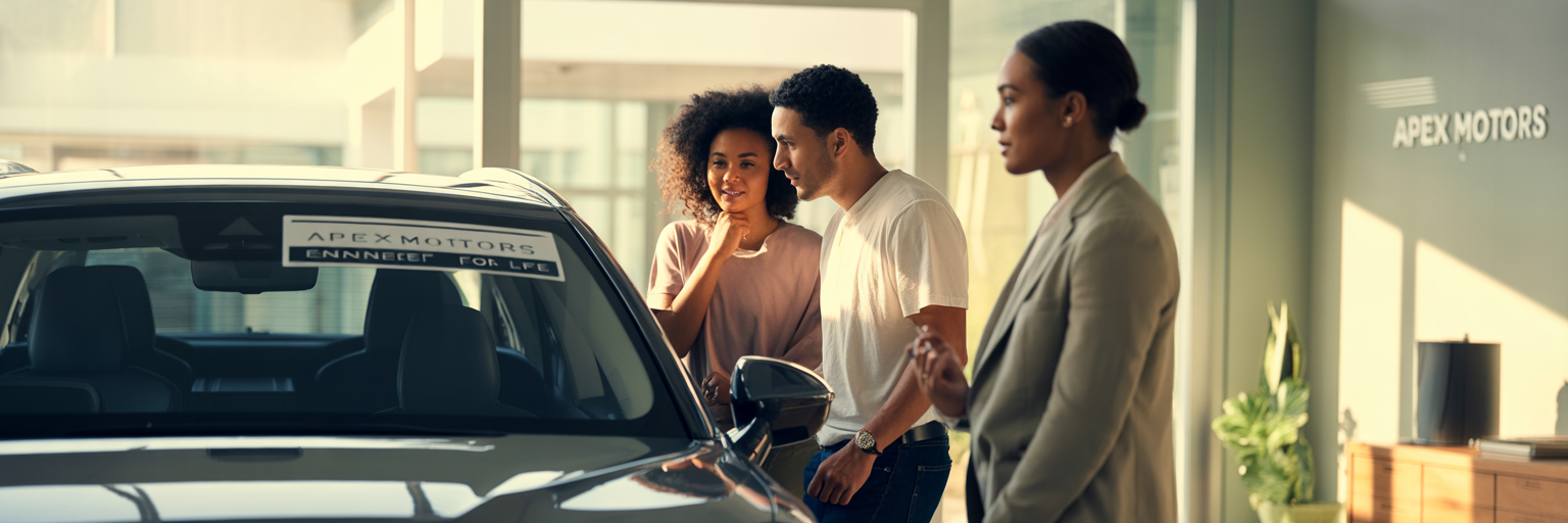 Couple examining new car price sticker