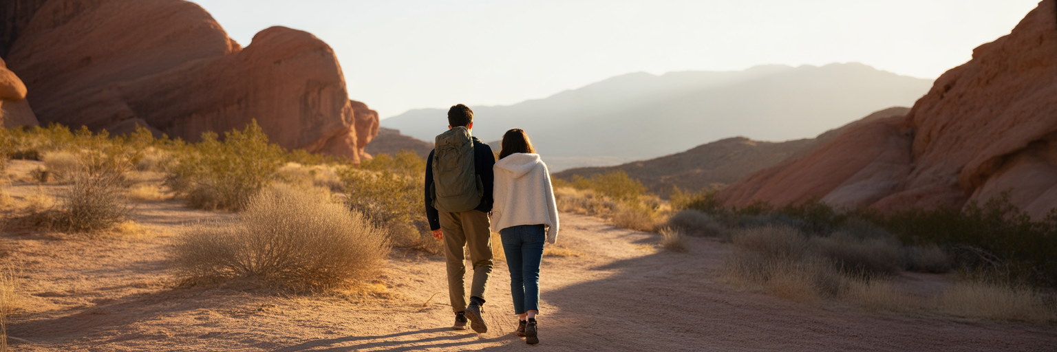 Couple hiking on desert trail near Enterprise Nevada.