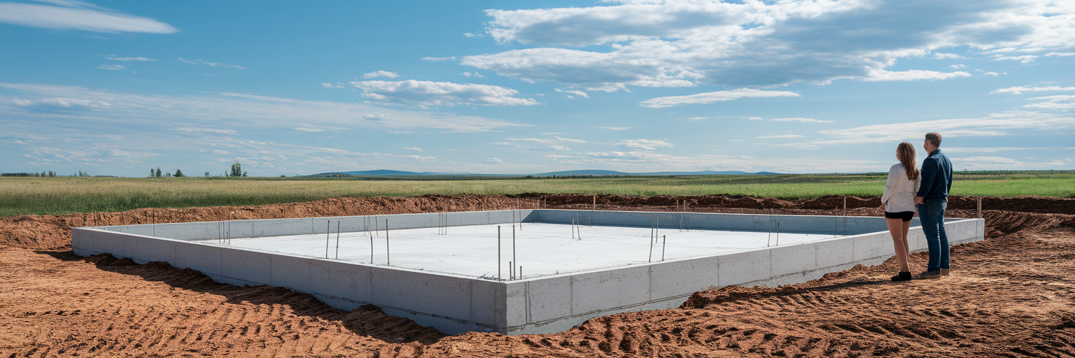 Couple looking at new home foundation.