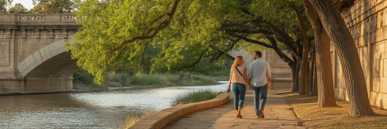 Couple walking along San Angelo River Walk path.