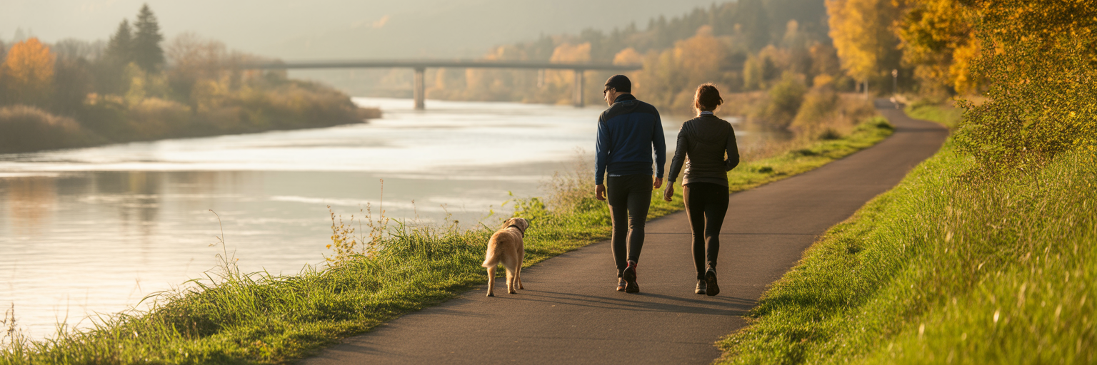 Couple walking dog on Willamette River path.