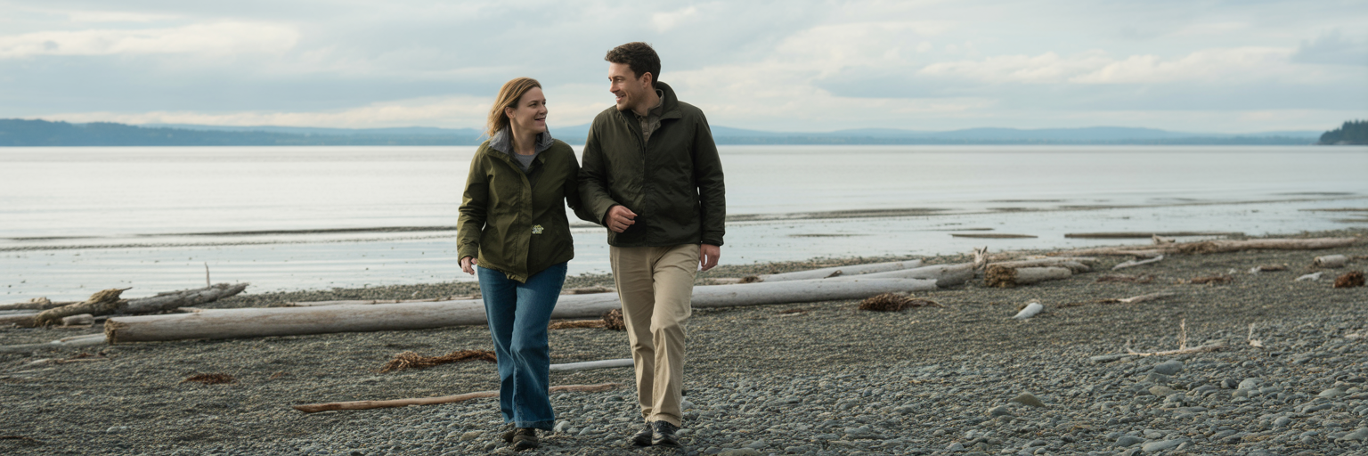 Couple walking on Dash Point State Park beach.