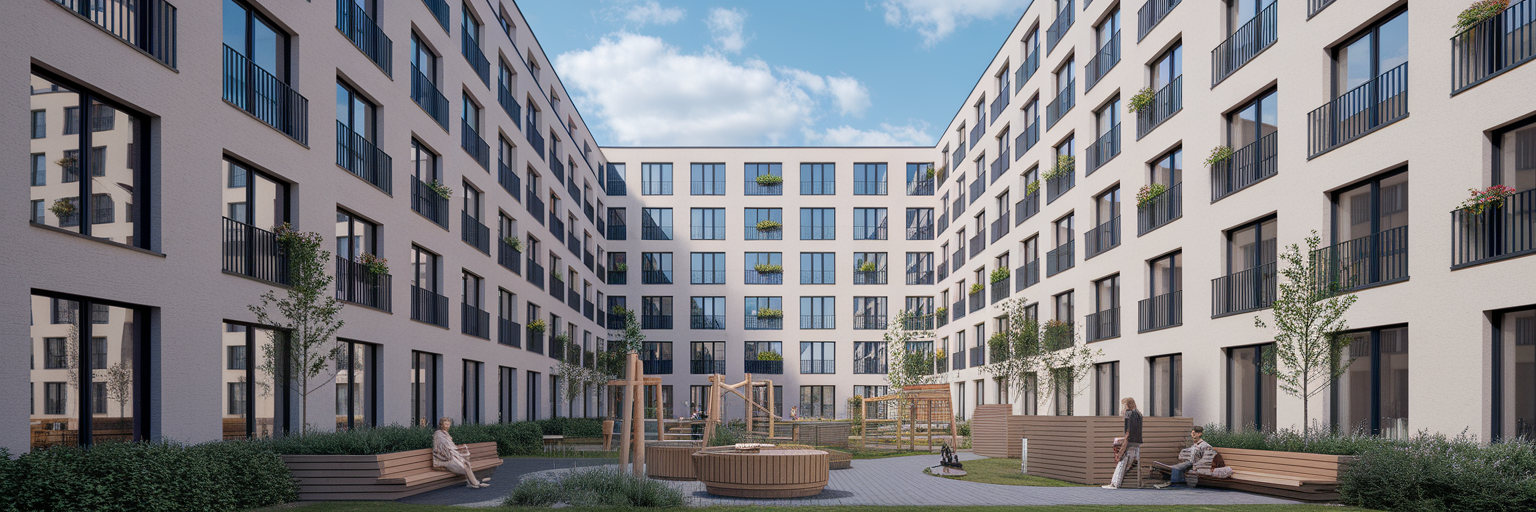 Courtyard of modern European social housing complex.