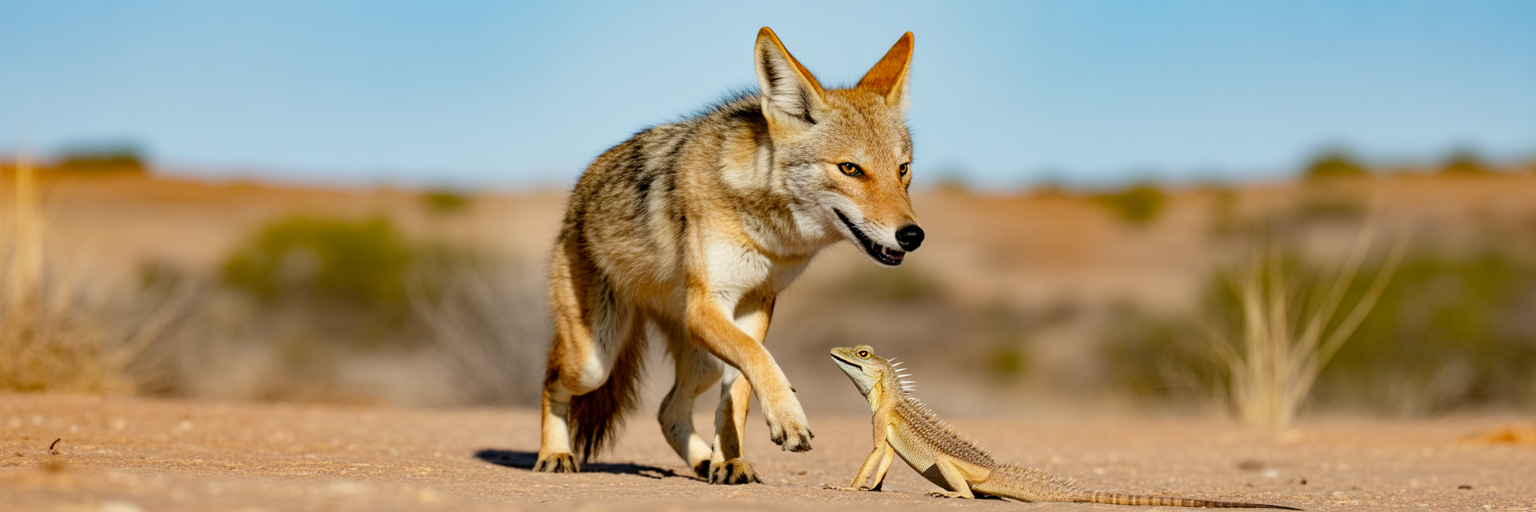Coyote recoiling from a horned lizard.