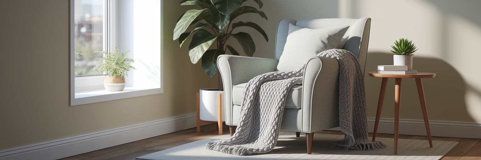 Cozy armchair in a quiet sunlit corner.
