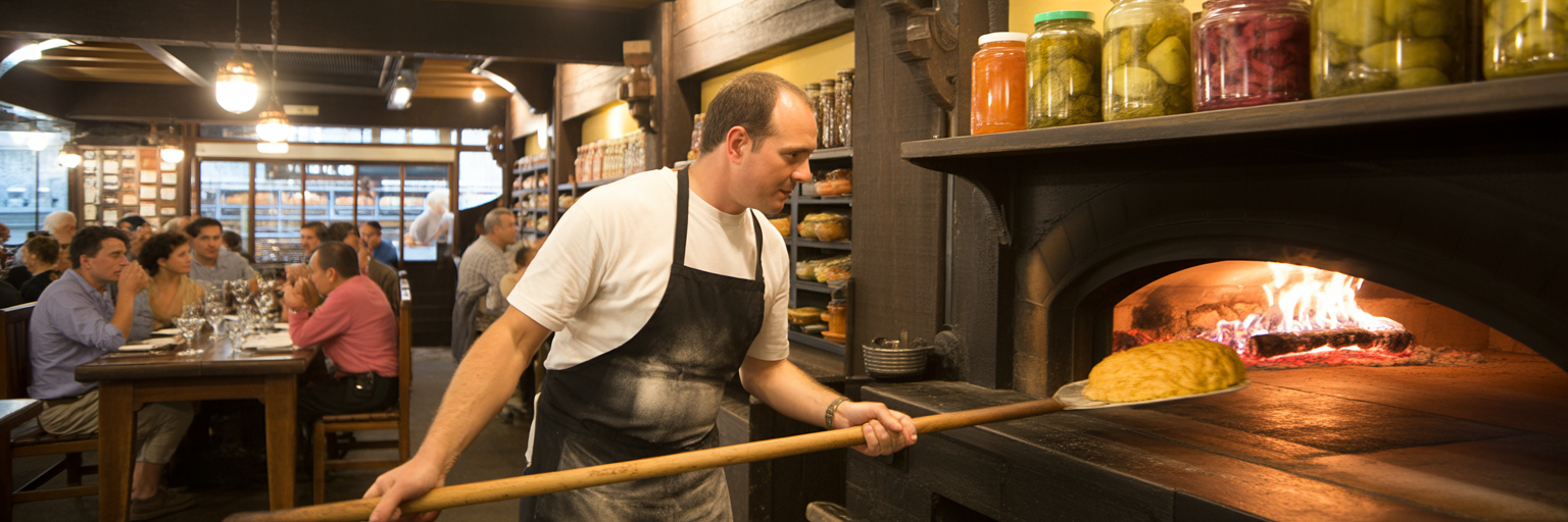 Cozy restaurant interior with wood-fired oven.