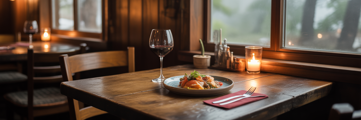 Cozy rustic restaurant table with meal