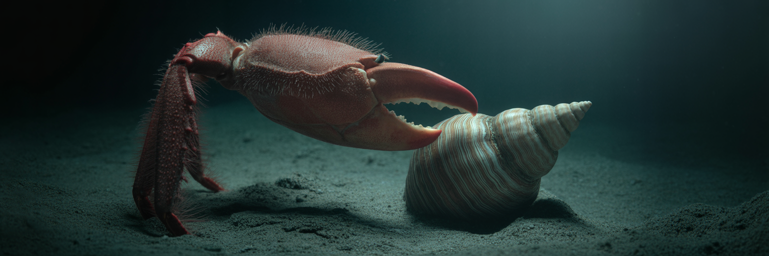 Crab claw attacking a snail shell's opening.