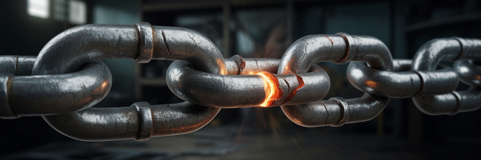 Cracked metal chain link glowing red.