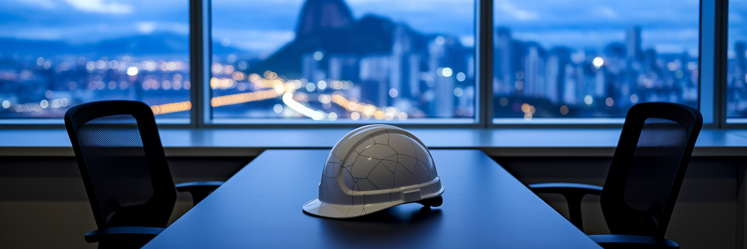 Cracked safety helmet on an office desk.