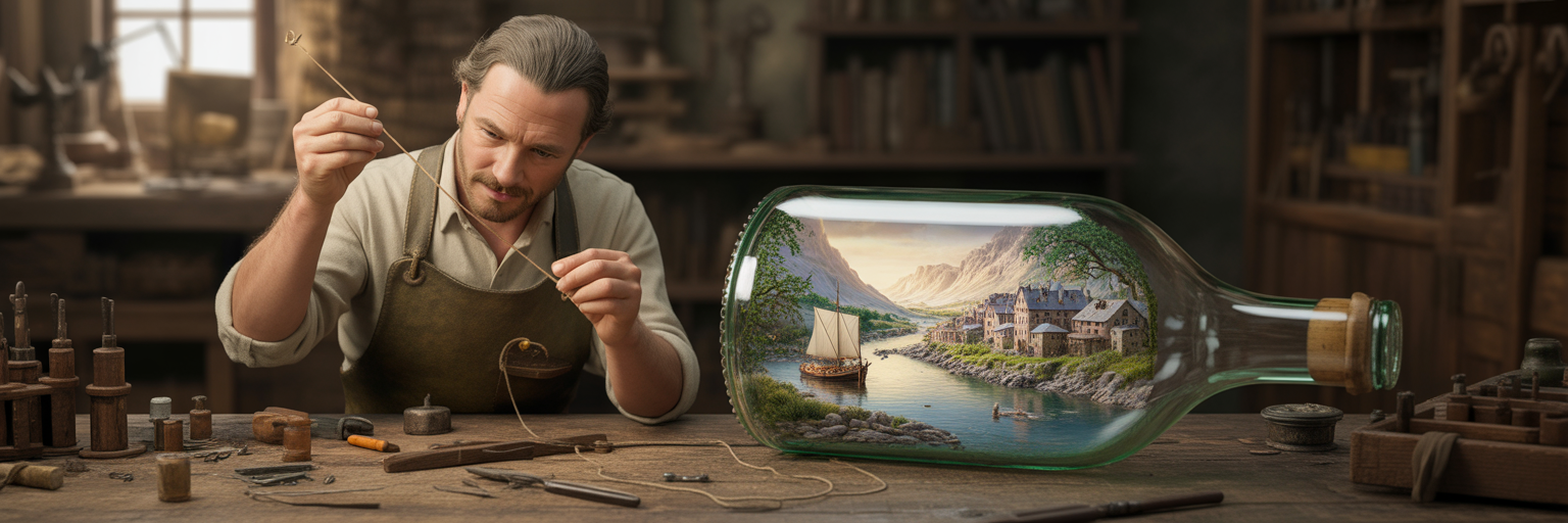 Crafting a detailed ship-in-a-bottle scene.