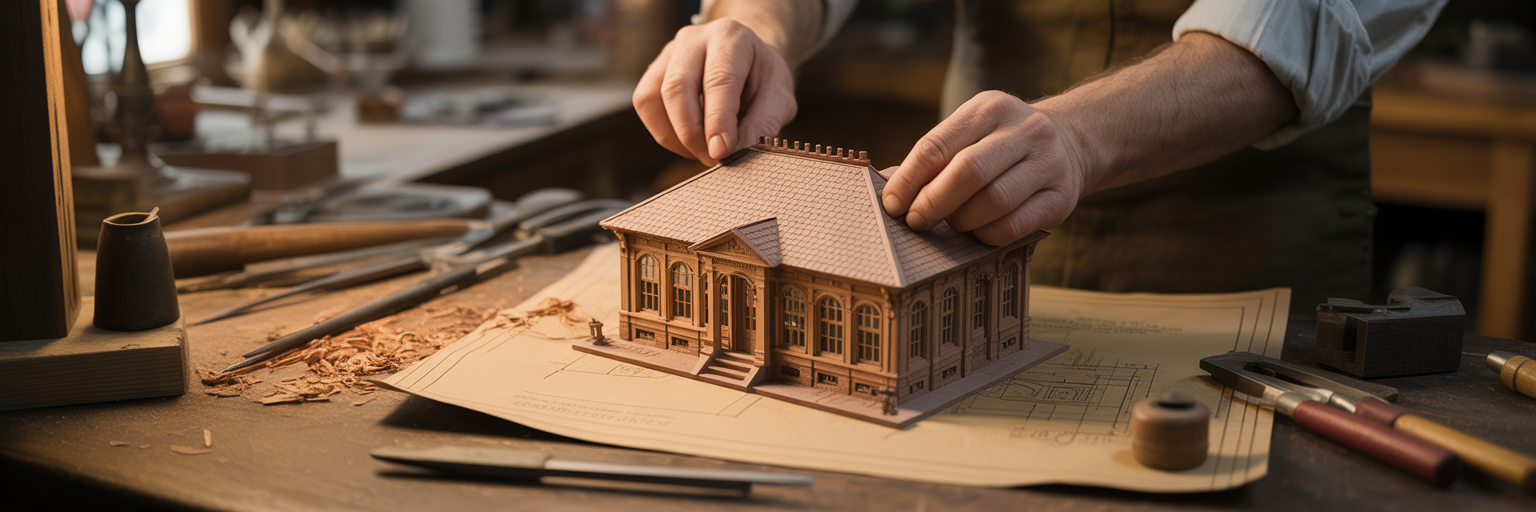 Craftsman building a model of a historic Jerome building.