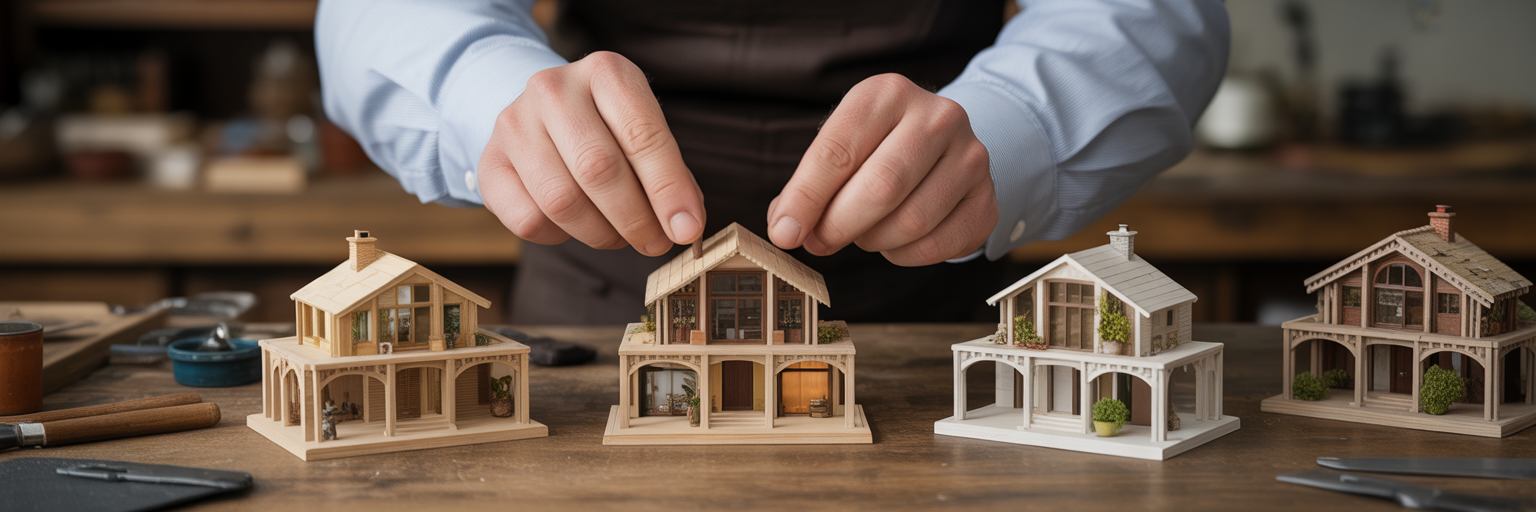 Craftsman building intricate miniature houses.