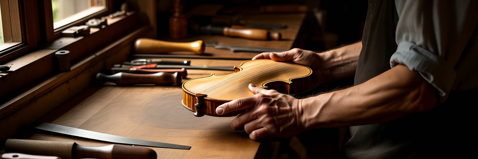 Craftsman carefully selecting wood for violin.