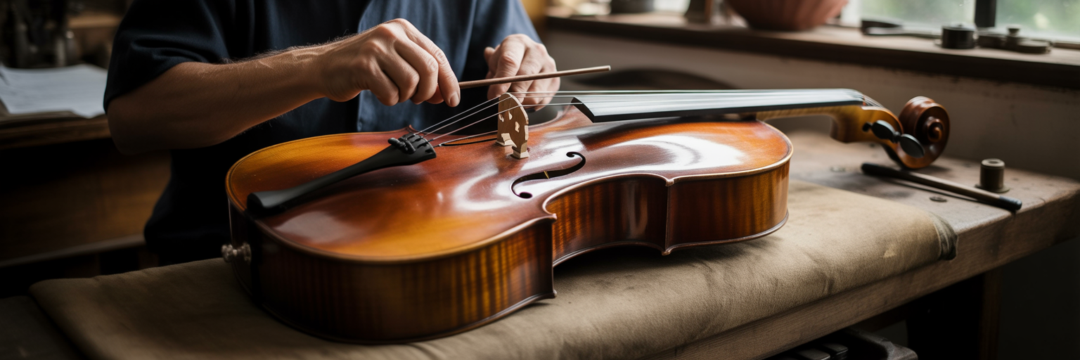 Craftsman carefully tuning a cello.