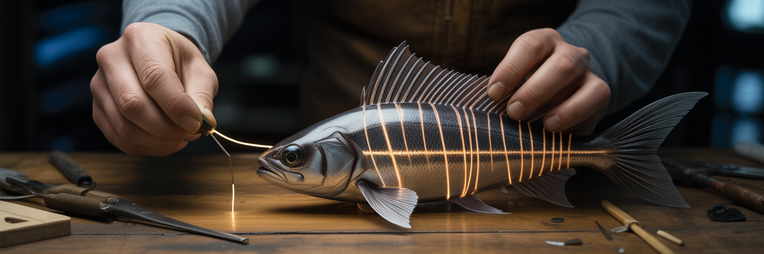 Craftsman embedding sensor line into fish sculpture.
