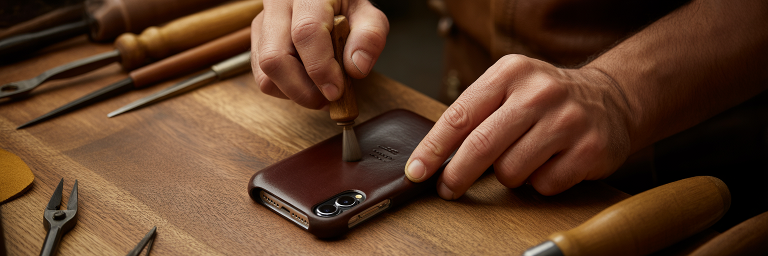 Craftsman hand-finishing a luxury leather case.