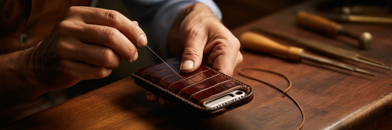 Craftsman hand-stitching a crocodile leather case.