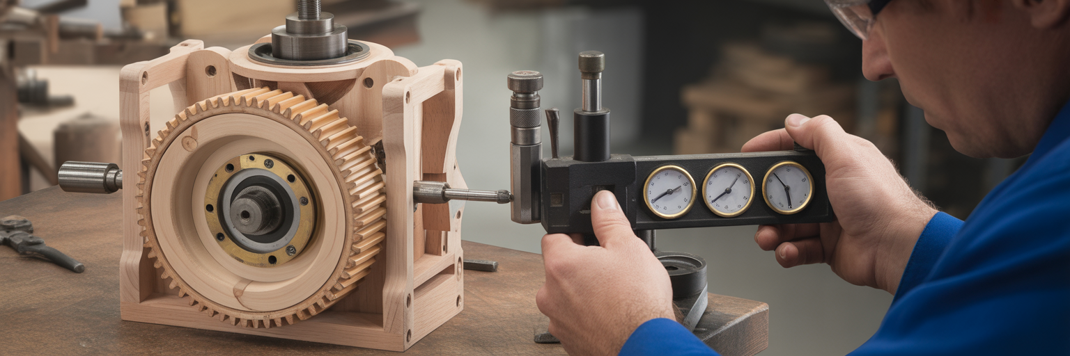 Craftsman inspecting gearbox with specialized tool.