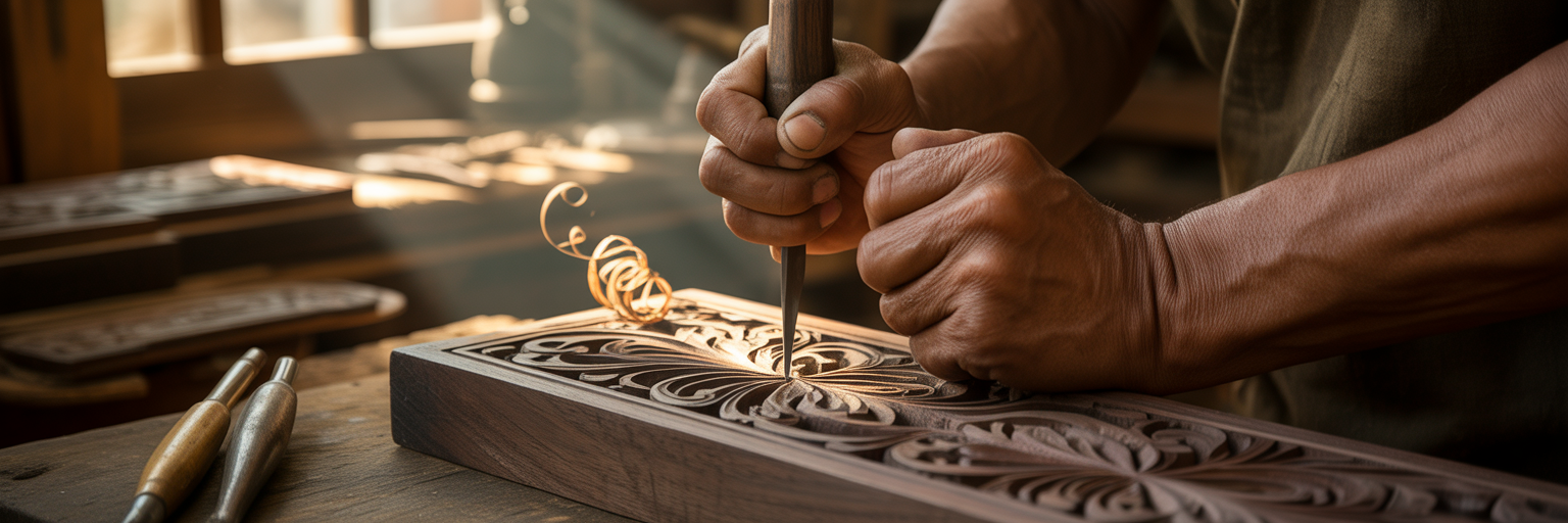 Craftsman's hands carving a traditional pattern.