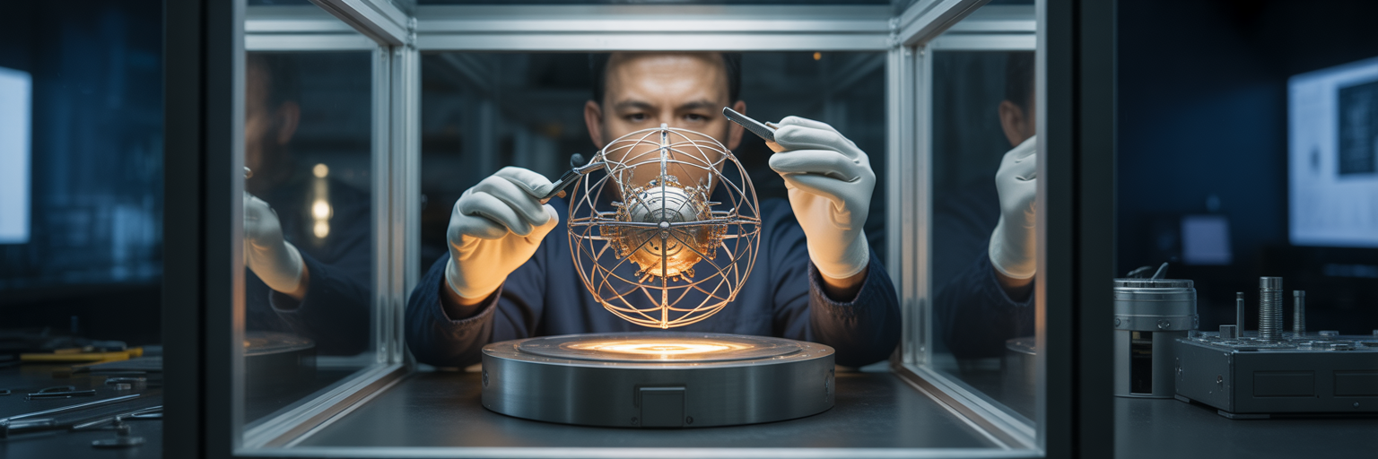 Craftsman securing intricate mechanical orb