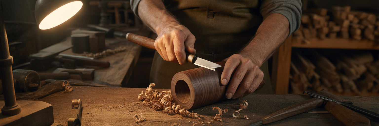 Craftsman shaping wood into aerodynamic profile.