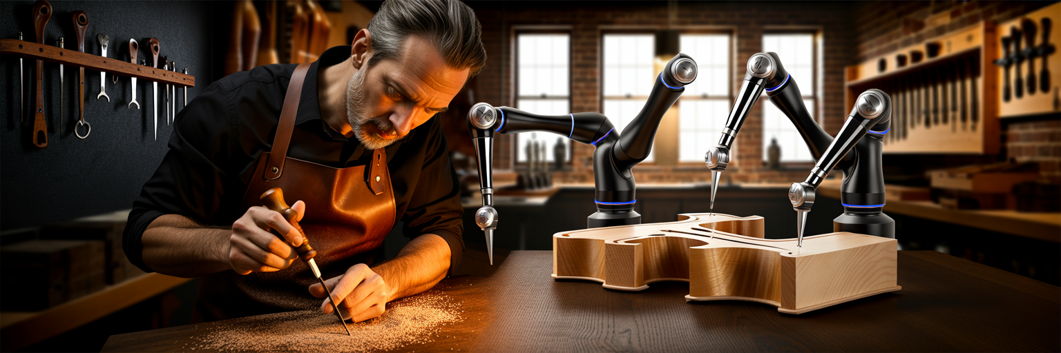 Craftsperson and robotic arms in workshop.