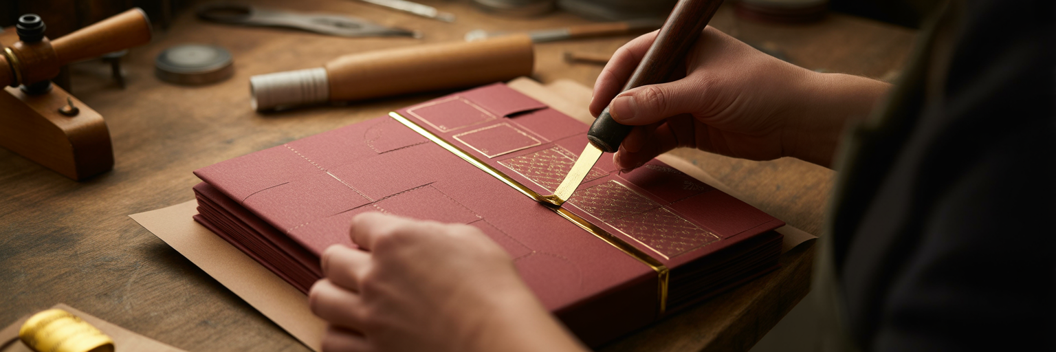 Craftsperson applying gold foil to advent calendar.