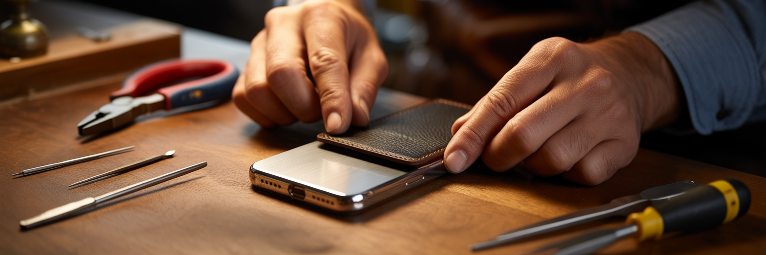 Craftsperson assembling luxury rectangle phone case.
