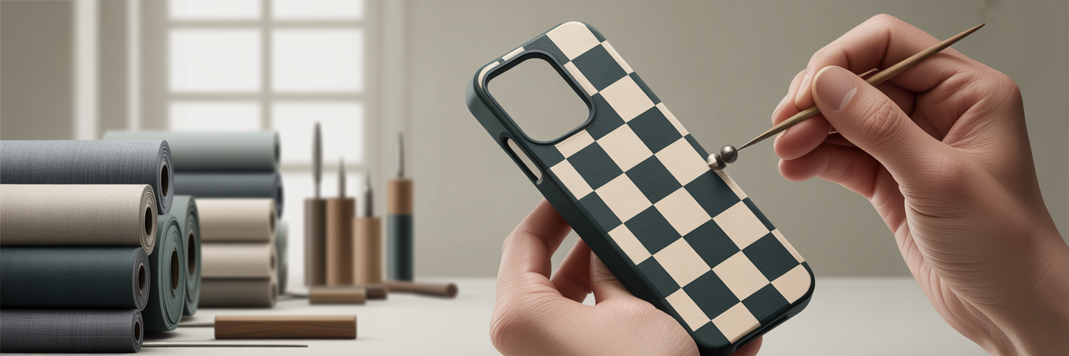 Craftsperson finishing a checkered iPhone case.