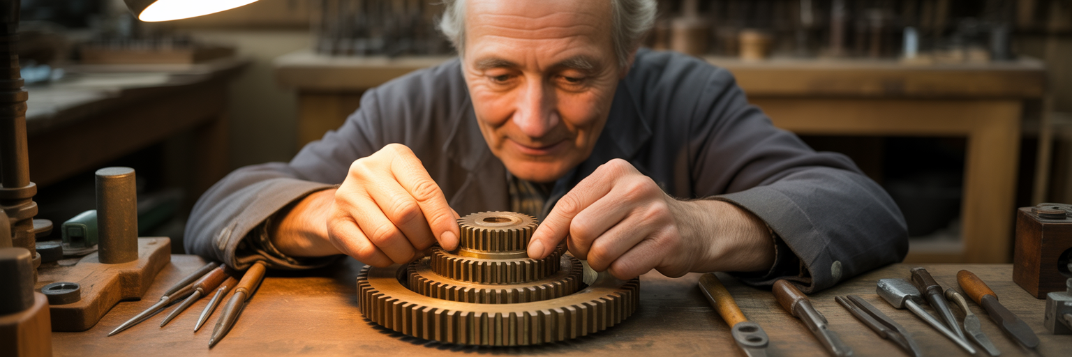 Craftsperson focused on intricate wooden gear.