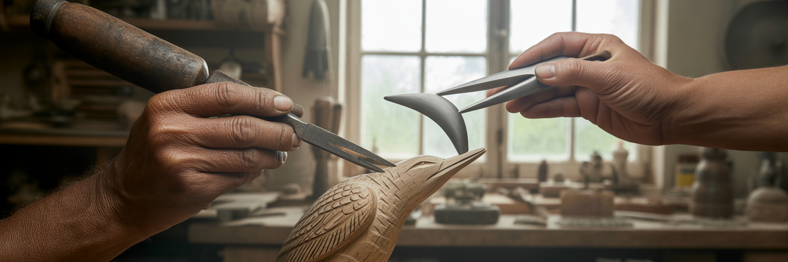Craftsperson's hands with traditional and modern tools.