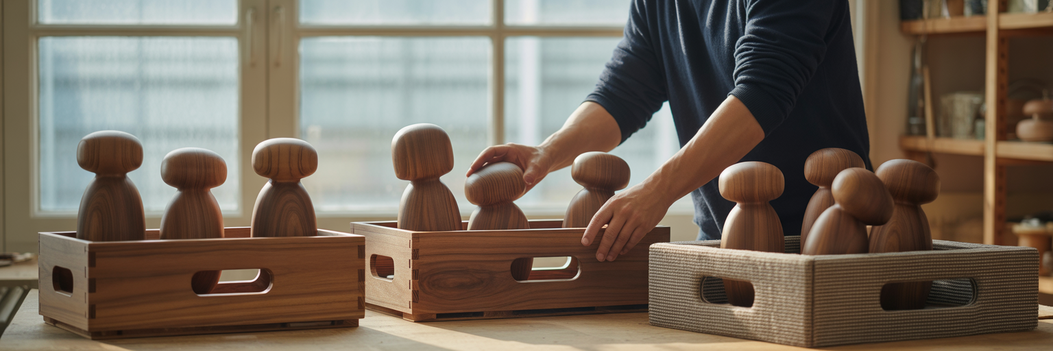 Craftsperson strategically placing items into different crates.